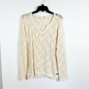 Peace Love World White Cream Crotchet Knit V Neck Sweater